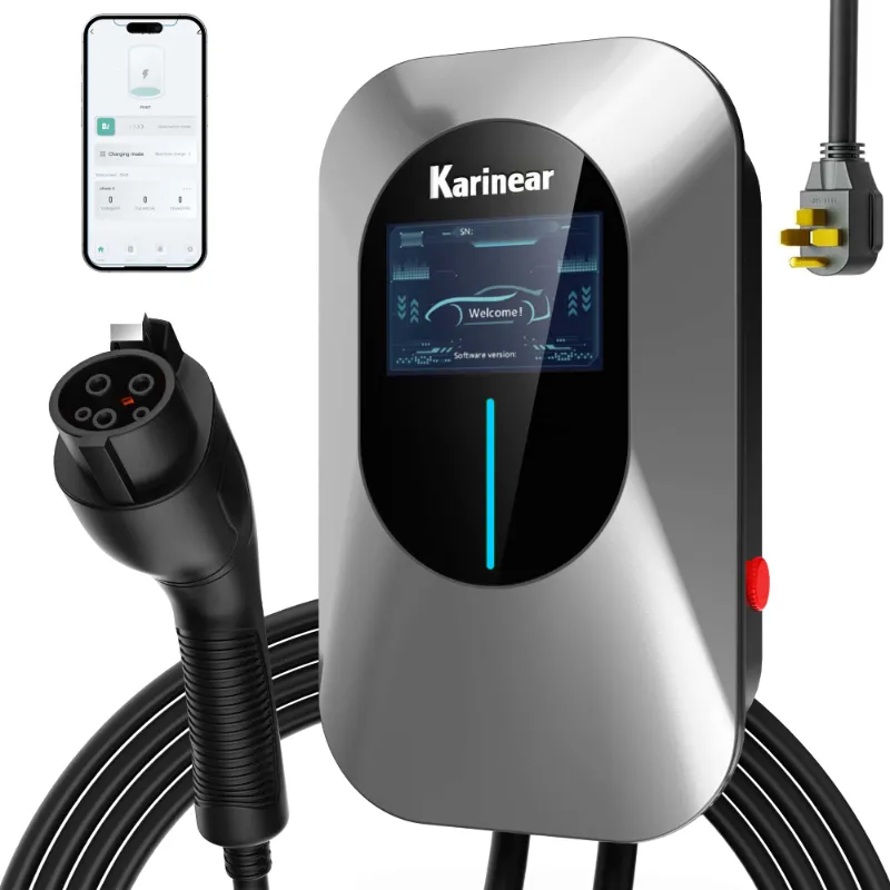 Karinear Level 2 EV Charger With J1772 white charging unit with cable attached