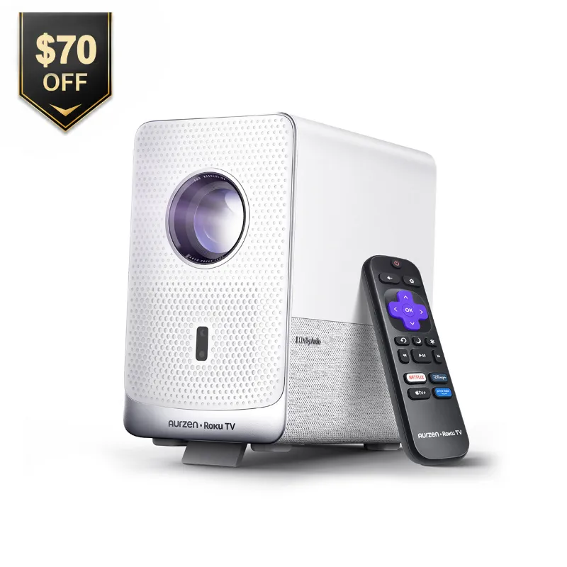 Aurzen EAZZE D1R Cube Roku TV Smart Projector showing its cube shape