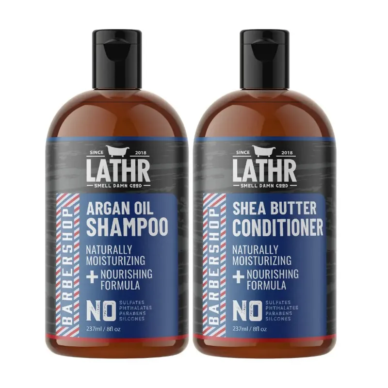 LATHR Barbershop Hair Care Essentials shampoo and conditioner bottles