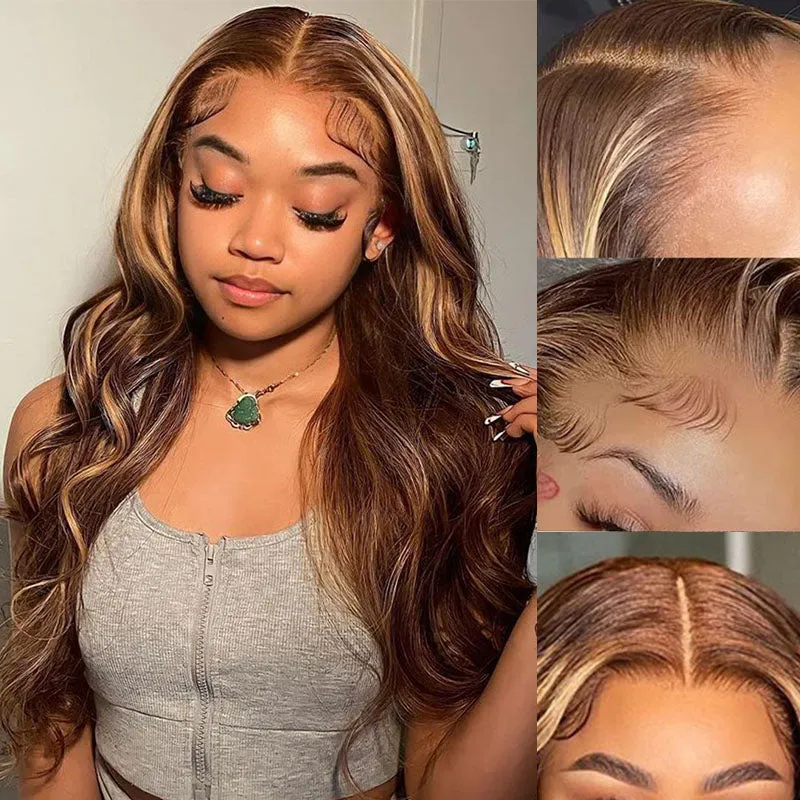 Megalook 26 inch lace frontal wig in honey blonde highlights body wave