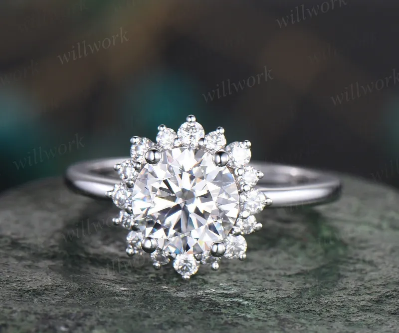 WillWork Jewelry 1ct moissanite ring vintage round moissanite engagement ring halo 14k white gold sunflower snowdrift diamond ring, round mo