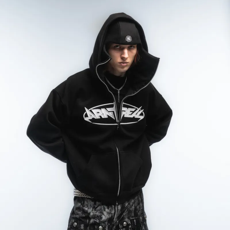 ARNTREAL Zip Hoodie Cagoule, oversized black cotton zip hoodie with embroidered front and screen-printed back