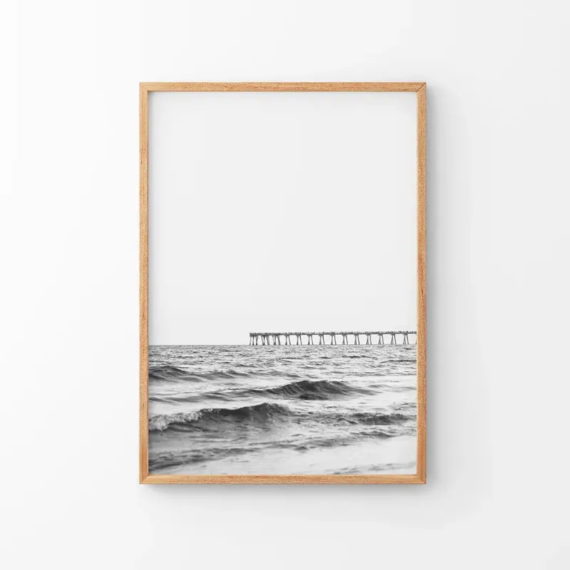 Wall Art Set Black White Minimalistic Beach Pier Poster - black and white beach pier print