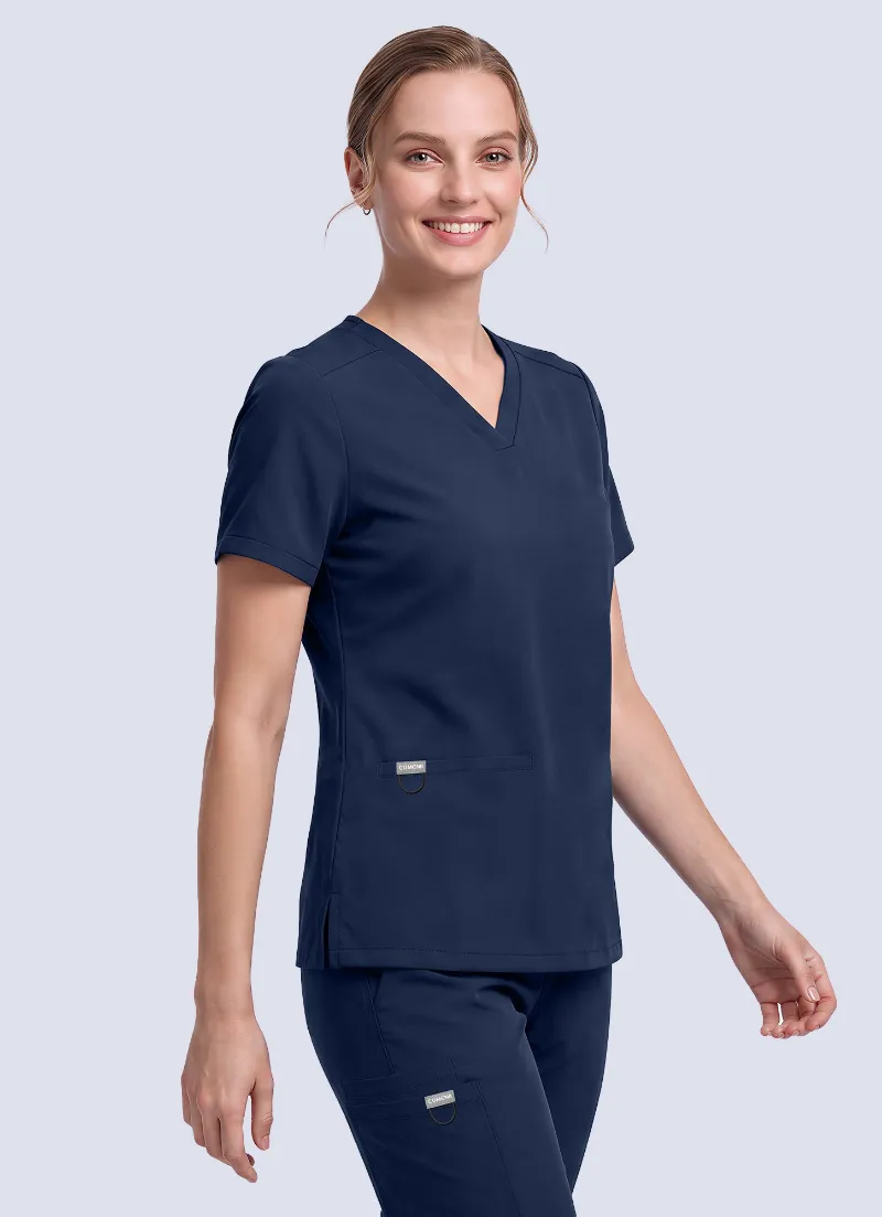 COMENII SoftTouch™ 3 Pockets Scrub Top Navy, front view showing welt pockets and tailored fit