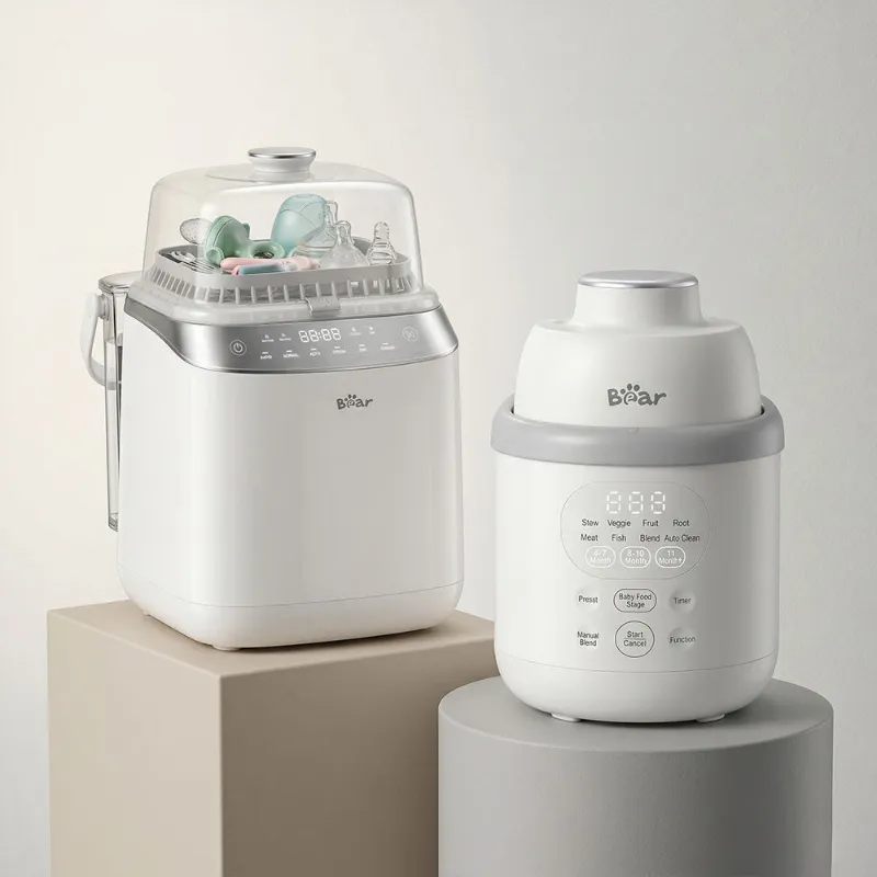 Bearforbaby bundle showing white bottle washer machine and stainless steel food maker with digital display