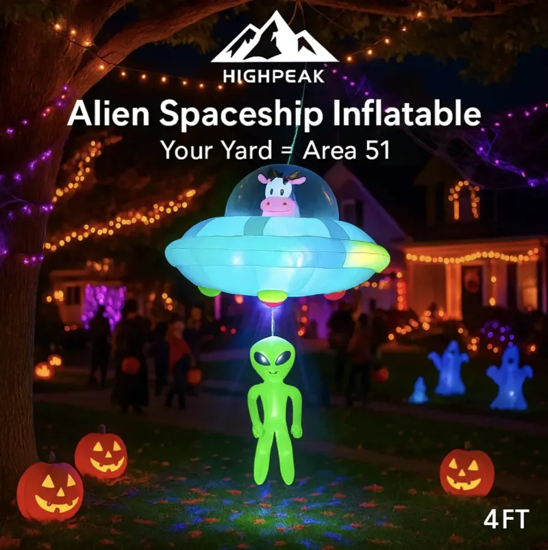 HighPeak 4ft Alien Spaceship Inflatable, glowing UFO with aliens and cows in a night yard