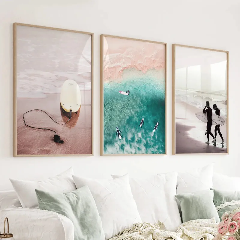 Wall Art Set California Surfing Vibe beige turquoise coastal prints set of 3