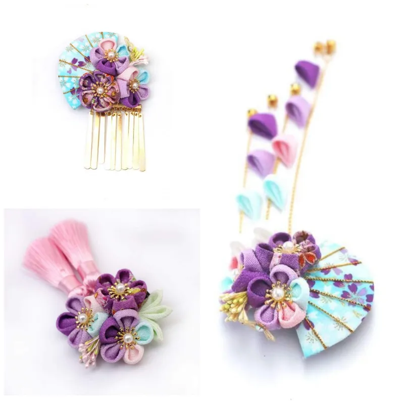 Foxtume Handmade Tsumami Kanzashi Hair Clip 3 Piece Set Blue & Purple Sakura showing three fabric hair clips with blue and purple sakura des