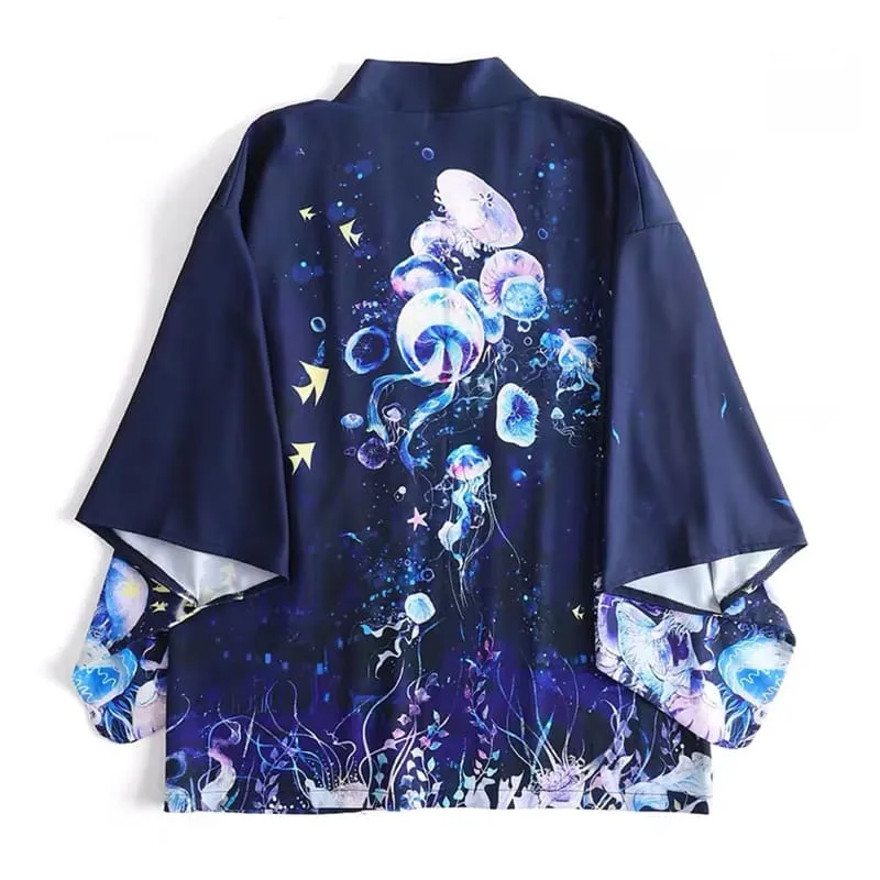 Foxtume Abyssal Jellyfish Kimono Cardigan in blue with jellyfish print