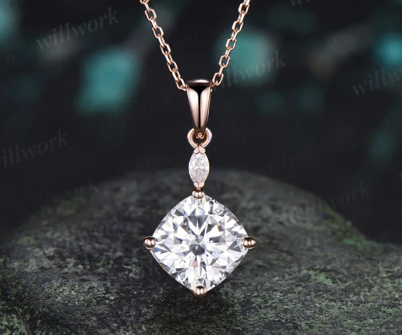 WillWork Jewelry 2ct cushion cut moissanite necklace 14k rose gold two stone marquise pendant, full pendant view