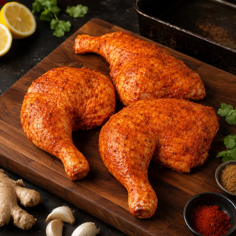 Halal World Depot Halal Marinated Tandoori Chicken Leg Quarters prepared