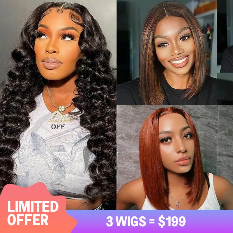 Megalook three-wig bundle, loose curly, straight lace frontal, and highlight bob styles