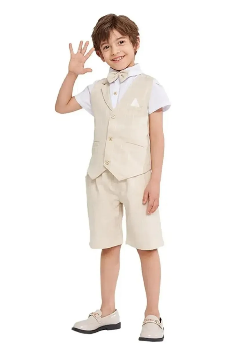 Wehilion Lightweight Summer Boys 4 Piece Suit with plaid vest, shorts, shirt, and tie