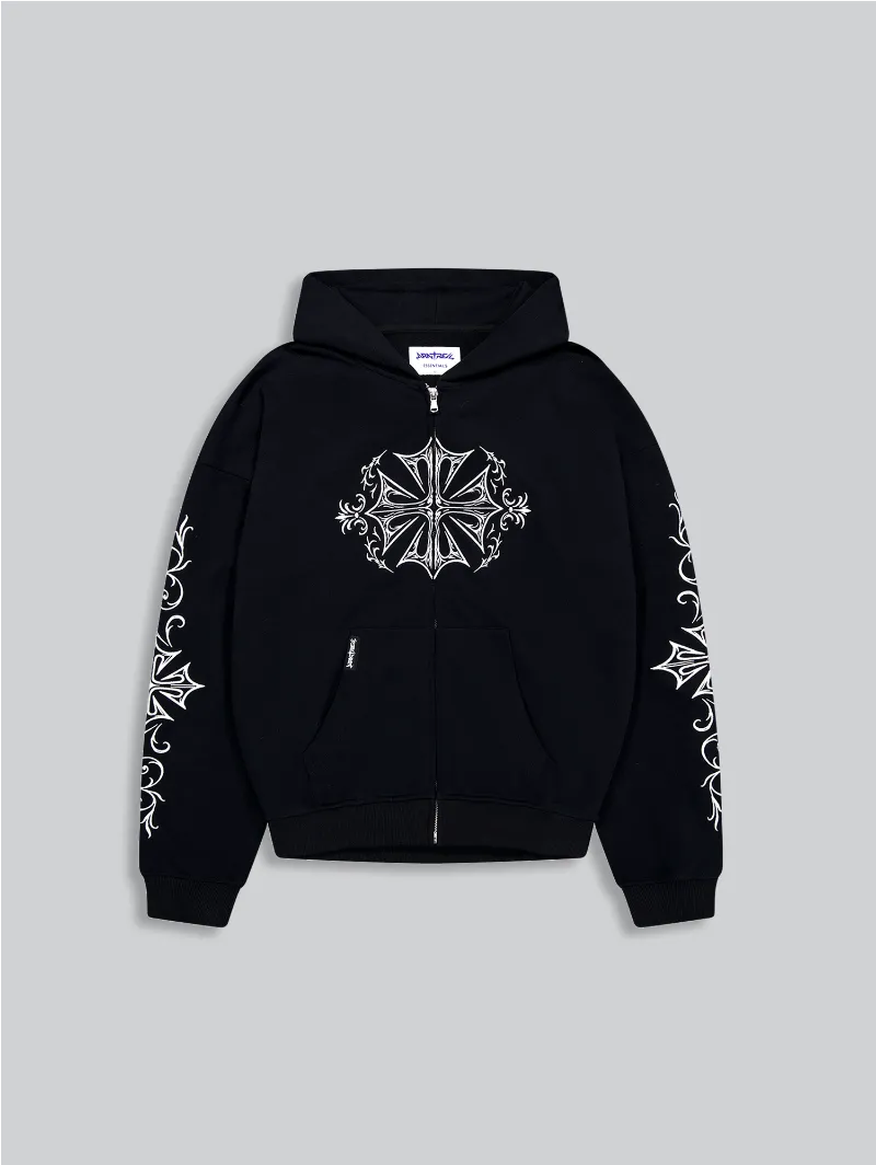 ARNTREAL Sovereign Hoodie white, a black terry cotton hoodie with white embroidered details