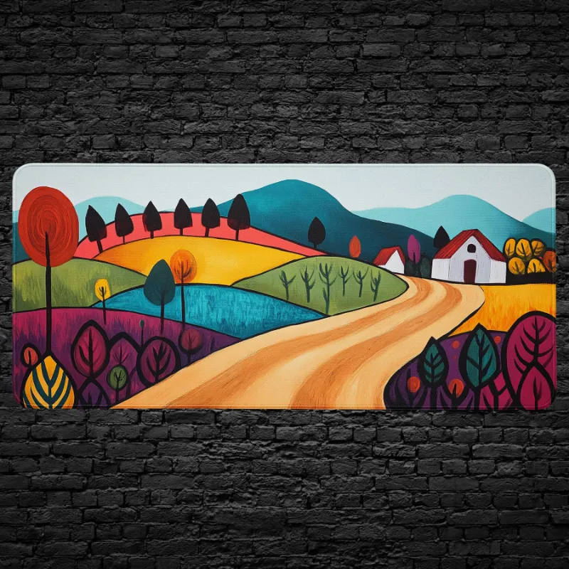 CruArt Folk Art Countryside Desk Mat with colorful rolling hills, fields, trees, and farmhouse