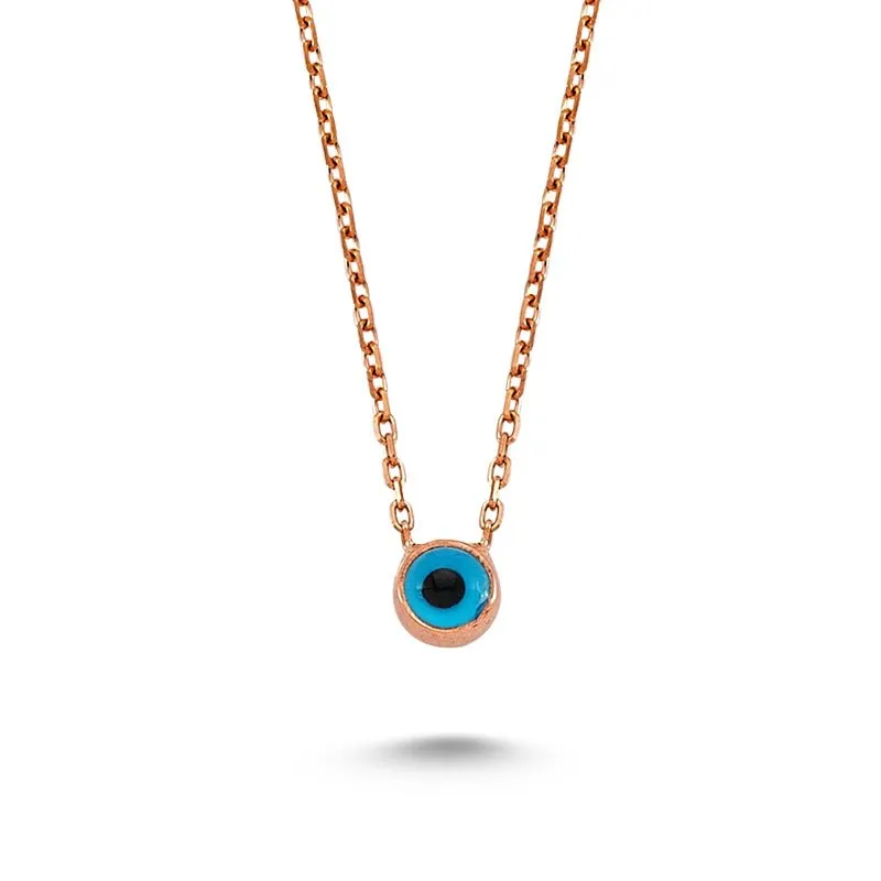 Amorium Jewelry Blue Evil Eye Necklace Pendant in Silver, blue evil eye charm hanging from delicate silver chain