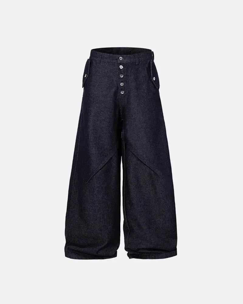 INFLATION Buttons Up Raw Blue Baggy Jeans in raw indigo denim with button fly and wide leg fit