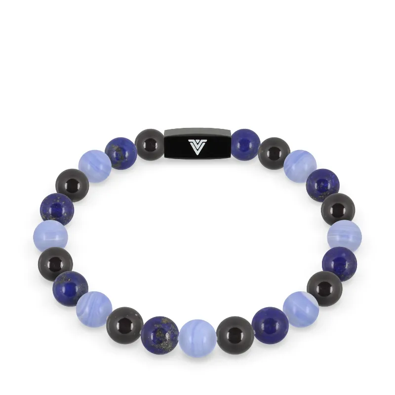 VOLTLIN Libra Zodiac Stretch Bracelet on black suede pouch with tourmaline, lapis, and agate beads