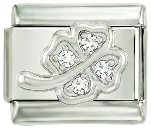 Charms Official 4-leaf Clover and its Stem in Silver and White Stones charm