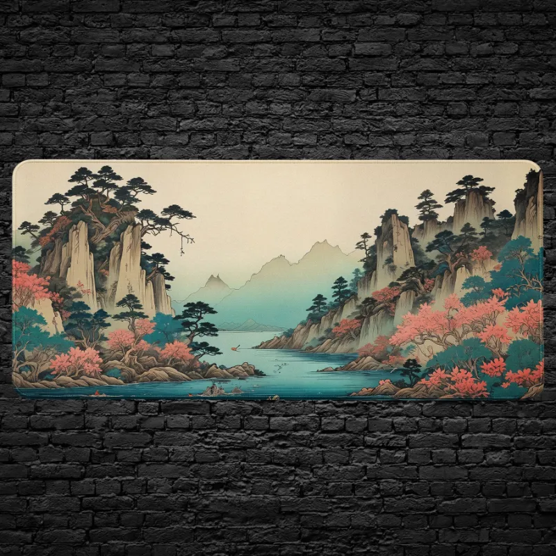 CruArt Asian Landscape Desk Mat with tranquil mountains, cherry blossoms, and calm water