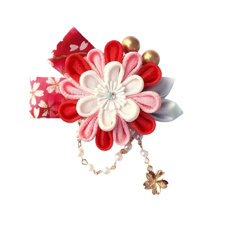 Foxtume Handmade Tsumami Kanzashi Hair Clip Cherry Blossom showing pastel sakura petals with fabric bow