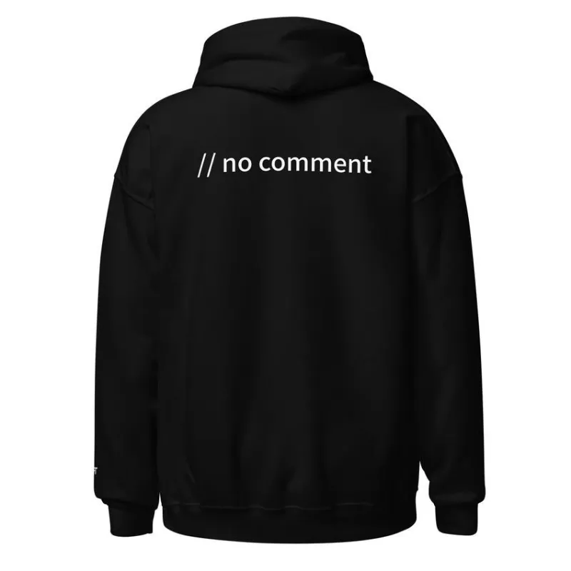 MyHackerTech // no comment unisex hoodie with all sides design, dark fabric with printed graphic