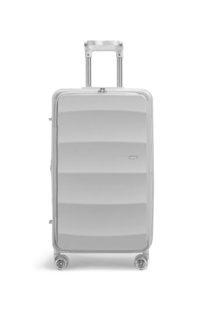 4MYTU Tank Trunk in Harbor Mist, a large polycarbonate top-opening suitcase with spinner wheels