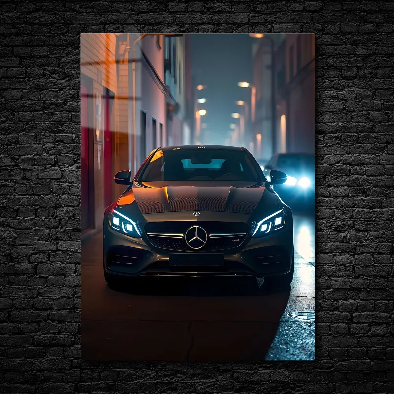 CruArt Nocturnal Grace metal print showing luxury sedan under moody streetlights