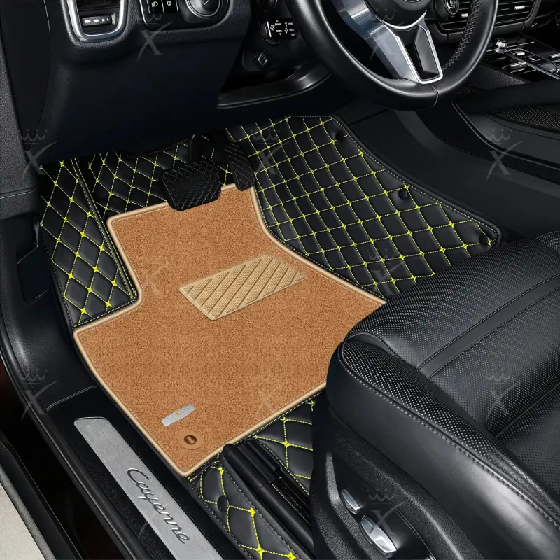 Luxus Car Mats Double Layer Series floor mats with black and yellow diamond stitching and beige top carpet