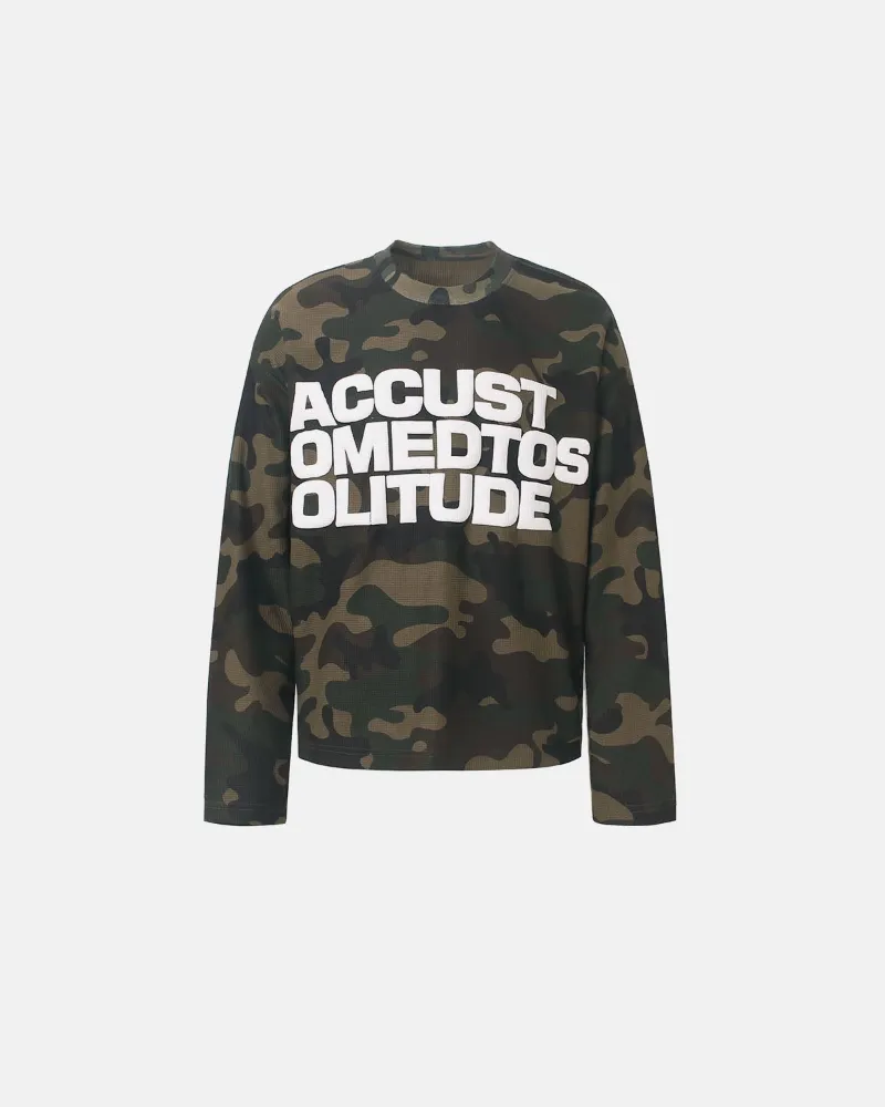 INFLATION Camo Graphic Waffle Long Sleeve T-Shirt with green camouflage pattern and white lettering