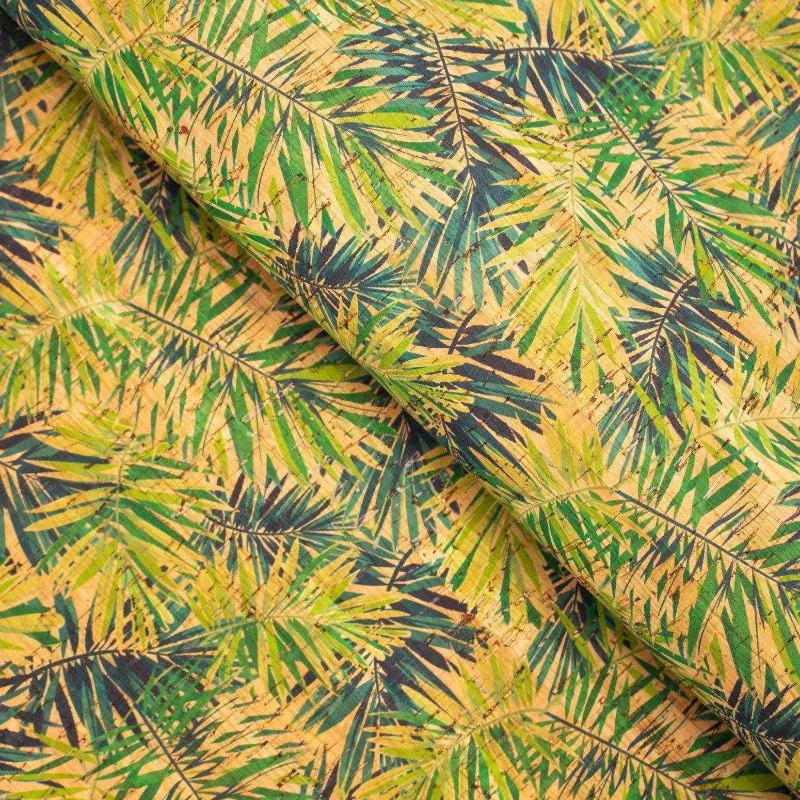 Corkadia Areca Palm leaf pattern Cork Fabric COF-242 sheet showing a palm leaf print on natural cork