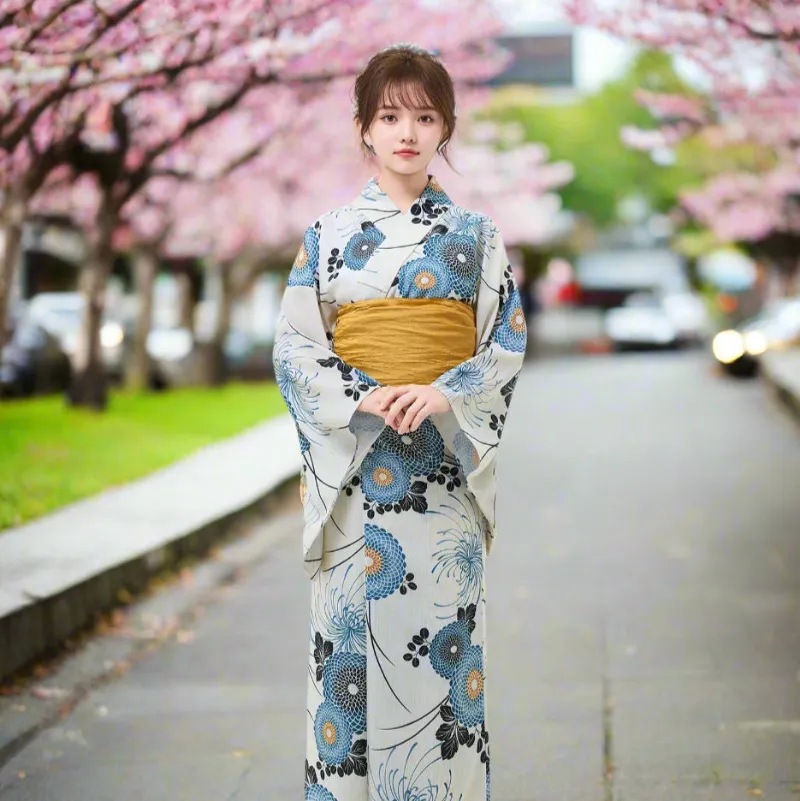Foxtume Ikebana Women Festival Yukata in summer floral pattern with Obi belt
