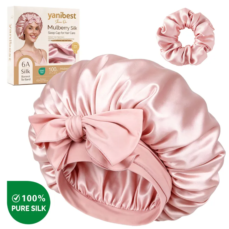 Yanibest 22 Momme 6A Mulberry Silk Bonnet with Tie Band shown in pink