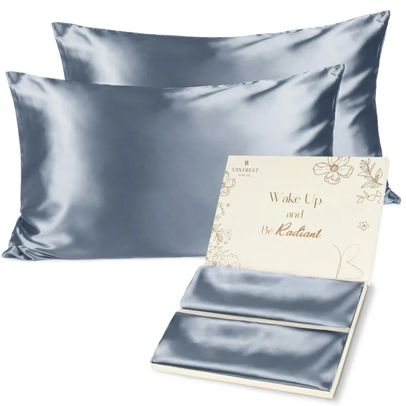 Yanibest Butter Satin Pillowcases 2 Pack Set in dream blue laid flat on a bed