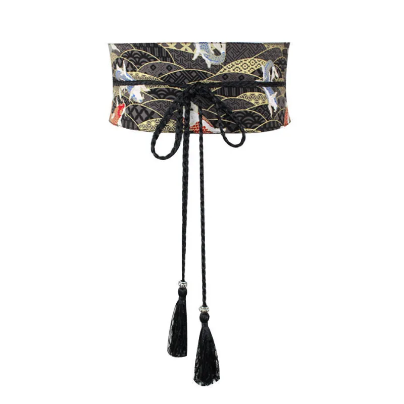 Foxtume Black Koi Obi Sash with traditional Japanese koi motif
