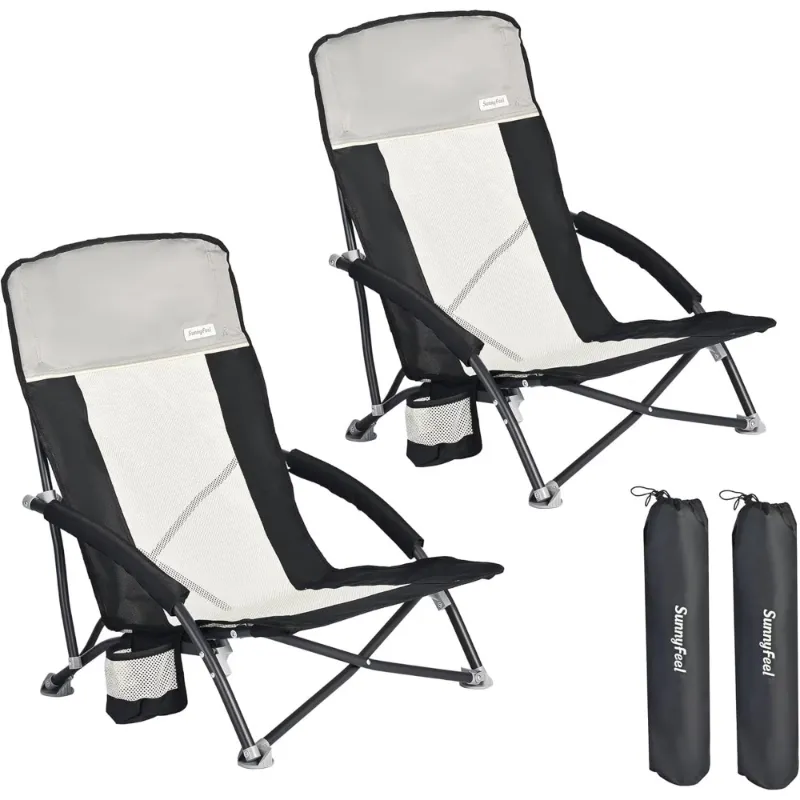 SunnyFeel Outdoor Sunnyfeel Folding Low Beach Chair, 2 Pack, Black, two low folding mesh chairs shown in black