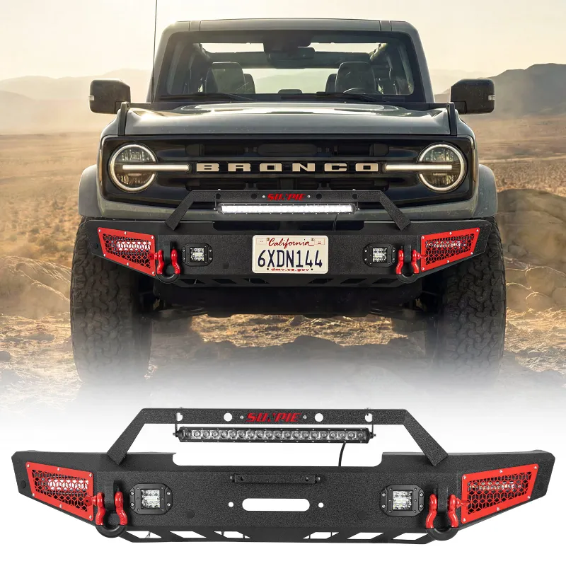 Sunpie Ford Bronco Steel Front Bumper with winch plate, LED lights, and D-rings in black powder coat