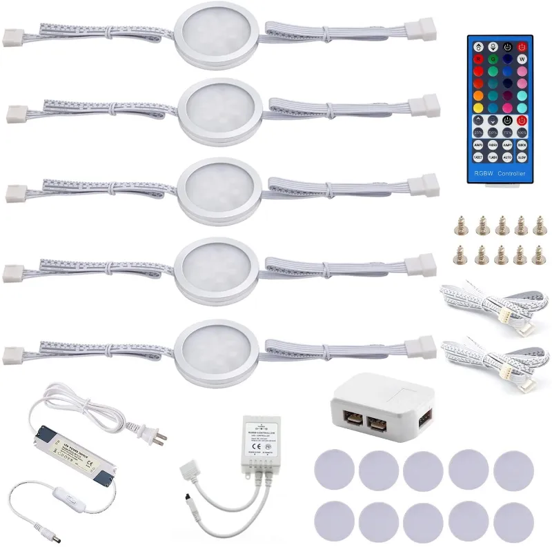 AIBOO 24V Round Color Changing Puck Lights Kit 5 packs RGBW under counter lighting on a shelf