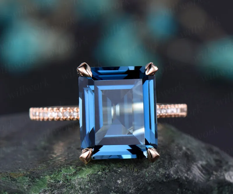 WillWork Jewelry 10x12mm London blue topaz engagement ring 14k rose gold with diamond halo basket setting
