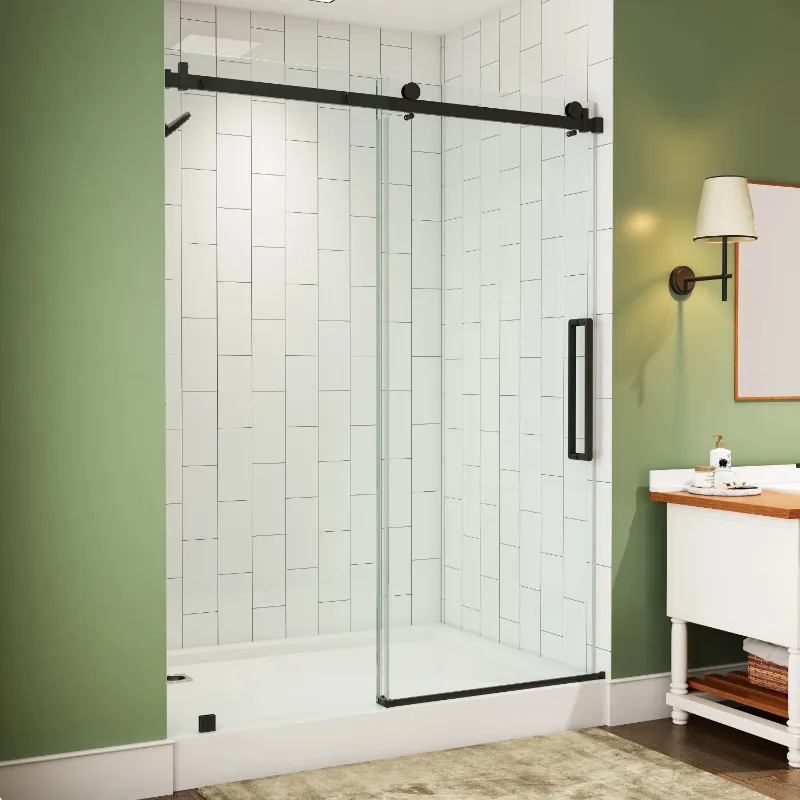 HOROW Black Sliding Shower Door TE6076-MB, frameless 60 inch black glass shower door with dual handles