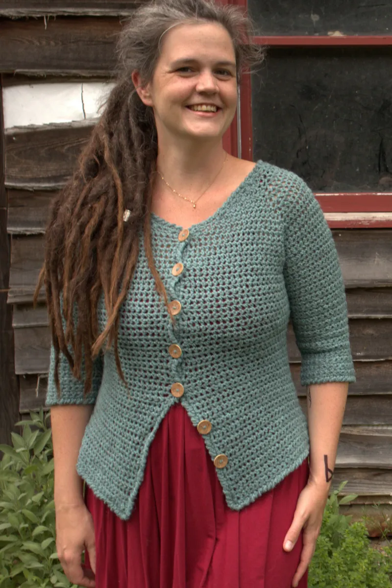 Kristen TenDyke Blissful Bookworm Cardigan in Barents sea with buttons and three-quarter sleeves