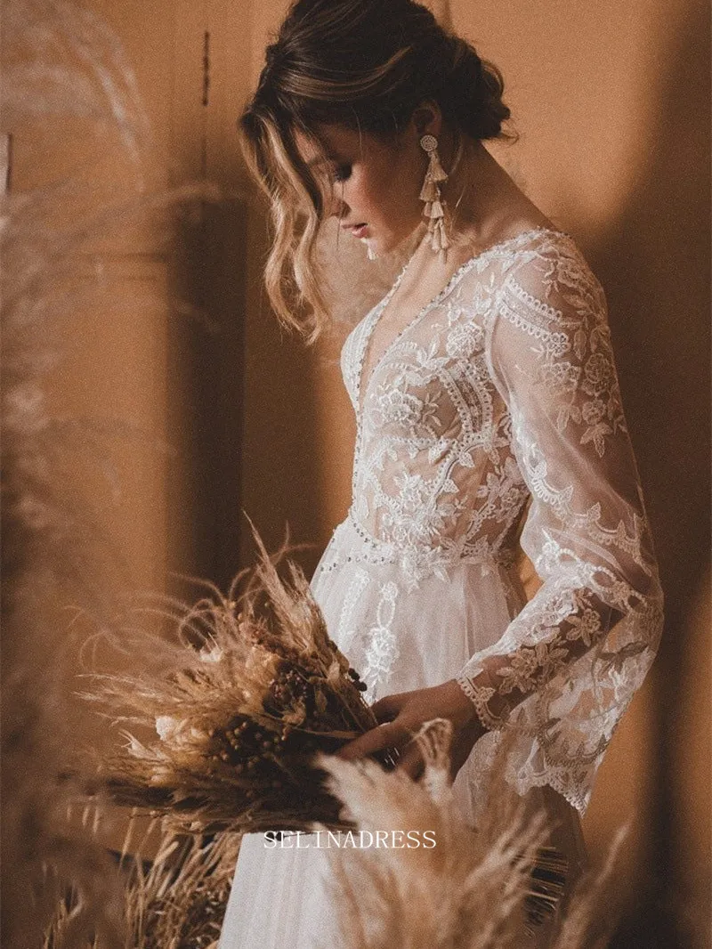 Selinadress A Line V neck Long Sleeve Ivory Wedding Dress with boho lace detailing