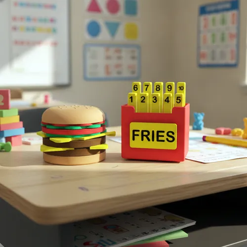 Fun House Toys Cook a Burger Build & Match stacking set with burger pieces and challenge cards