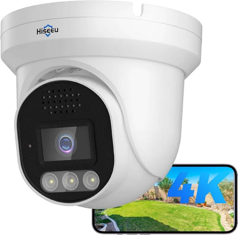Hiseeu 4K Ultra 8MP PoE IP Dome Camera with Two-Way Audio, white dome on white background