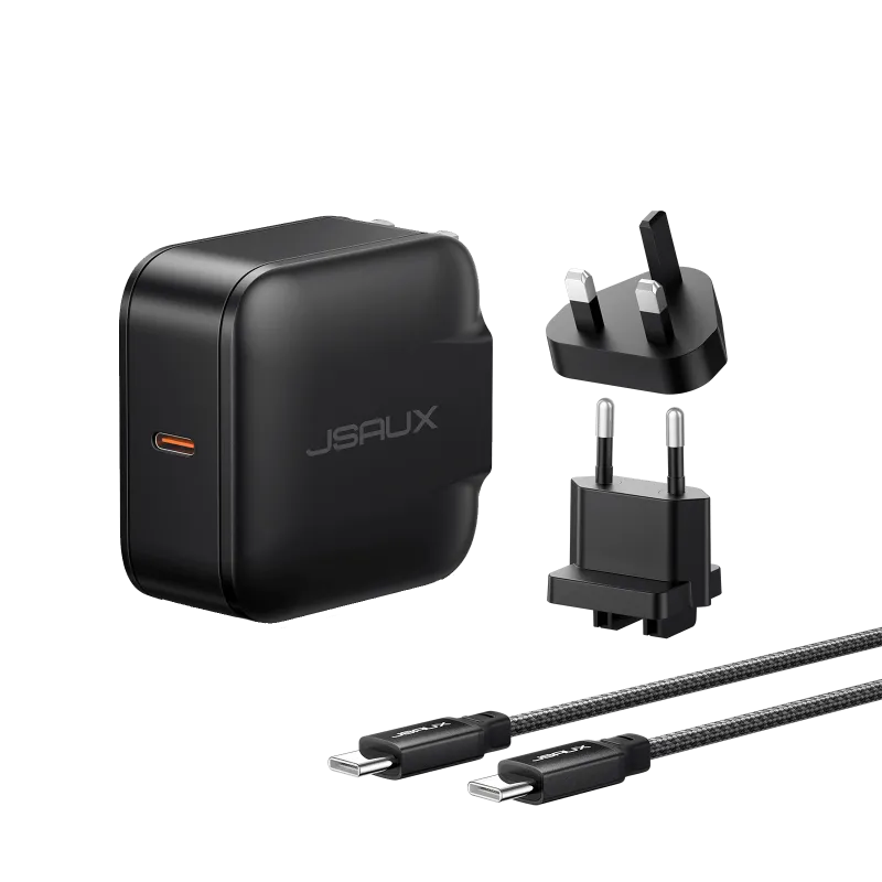 JSAUX 65W USB-C Foldable Charger with interchangeable travel plug adapters and cable