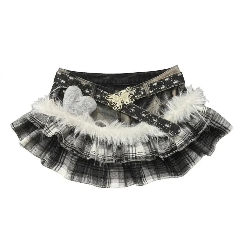 Shoptery Gyaru Grey Plaid Ruffle Mini Skirt with Fur Trim & Butterfly Belt, grey patchwork plaid mini skirt with zipper detail