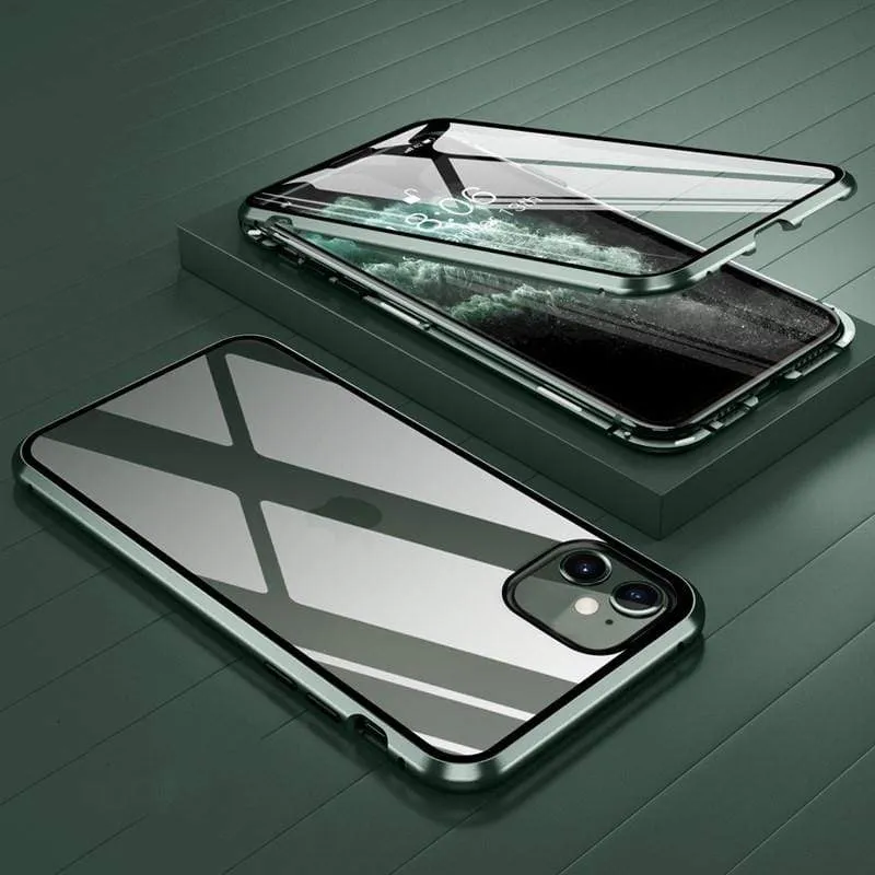Techypop 2021 Aluminum + Titanium Shockproof Gorilla Double Tempered Glass Case with dual glass panels and metal frame