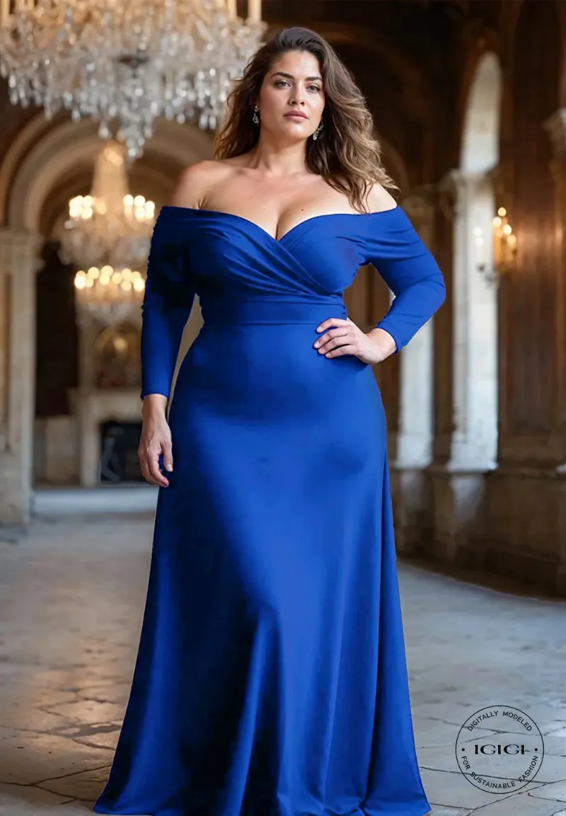 IGIGI Zenobia Plus Size Evening Dress In Royal Blue showing the tailored fit and floor-length skirt