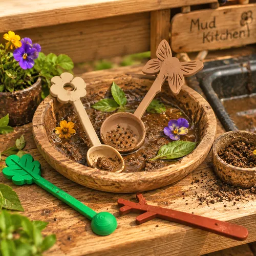Fun House Toys Nature Play Spoon Set with botanical designs for outdoor sensory play and mud kitchens