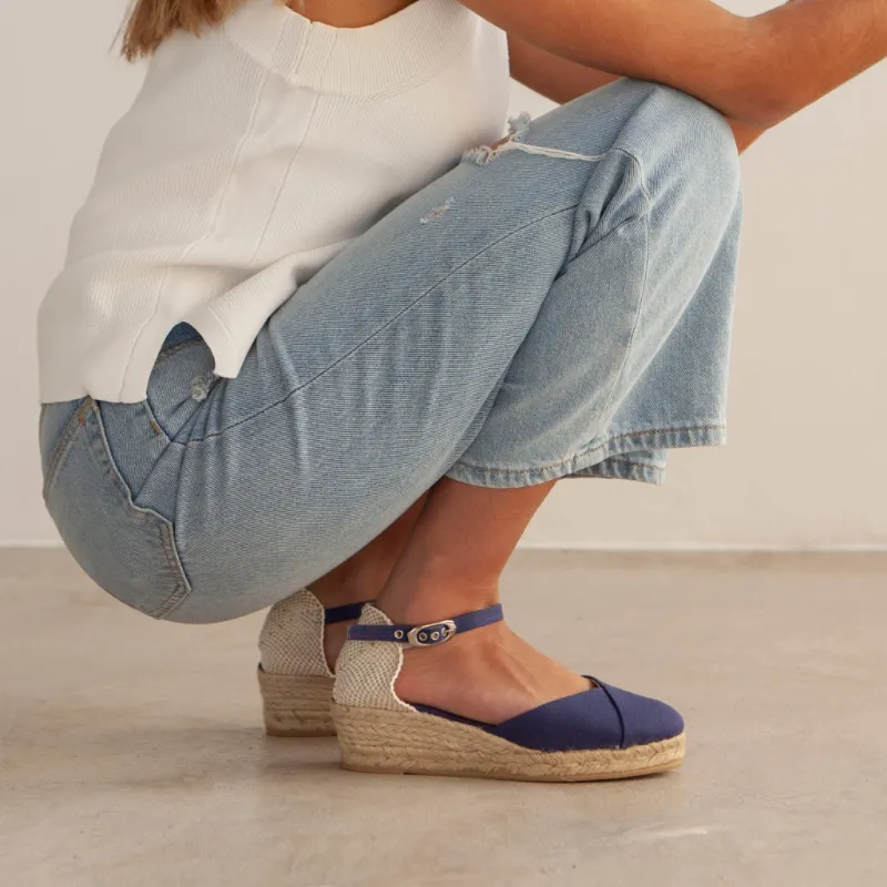 BIANKINA Girona Eco Canvas Vegan Espadrille Wedges in navy with ankle strap